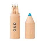 Set of 6 coloured pencils in a pencil shaped round wooden box wood colour second main view