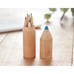 Set of 6 coloured pencils in a pencil shaped round wooden box wood colour ambient view