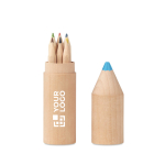 Set of 6 coloured pencils in a pencil shaped round wooden box wood colour view with print area