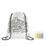 Non-woven backpack & pens with colourable design for children white colour