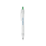 Pen with coloured clip made from recycled plastic, blue ink green colour view with print area