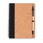 Notebook with cork cover and recycled pages, cardboard pen, A5 black colour