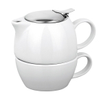 Teapot set with top pot and bottom cup, ceramic, 440 ml, Duet white colour