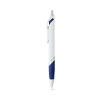 White plastic pen with coloured detail, blue ink blue colour