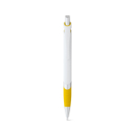 White plastic pen with coloured detail, blue ink yellow colour first view