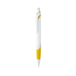 White plastic pen with coloured detail, blue ink yellow colour second view