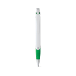 White plastic pen with coloured detail, blue ink green colour first view