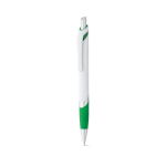 White plastic pen with coloured detail, blue ink green colour second view