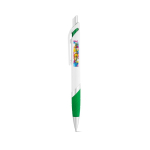 White plastic pen with coloured detail, blue ink green colour image with logo