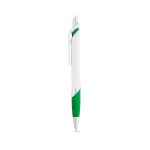 White plastic pen with coloured detail, blue ink green colour