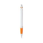 White plastic pen with coloured detail, blue ink orange colour first view