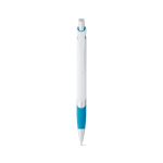 White plastic pen with coloured detail, blue ink light blue colour first view