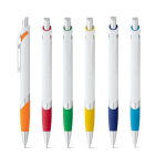 White plastic pen with coloured detail, blue ink various colours