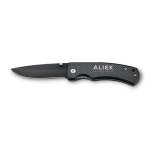 Stainless steel and metal pocket knife with lock and clip black colour image with logo