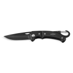 Steel and metal pocket knife with lock and carabiner black colour image with logo 4