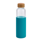 Glass bottle with bamboo lid and silicone sleeve, 500 ml light blue colour