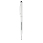 Slim pen with stylus chrome colour blue ink white colour image with logo