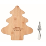 Bamboo cheese board and steel knife in Christmas tree shape wood colour main view