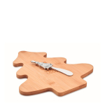 Bamboo cheese board and steel knife in Christmas tree shape wood colour view with print area