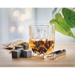 Luxurious set with whiskey glasses, stone ice cubes, tongs wood colour main ambient view