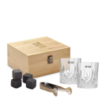 Luxurious set with whiskey glasses, stone ice cubes, tongs wood colour view with print area