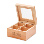 Bamboo tea box for 24 tea bags with transparent glass lid view with print area