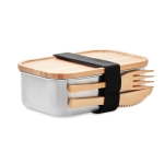 Steel lunch box with lid and bamboo cutlery, 600 ml wood colour