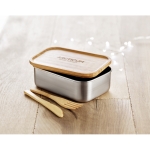 Steel lunch box with lid and bamboo cutlery, 600 ml wood colour main ambient view