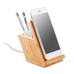 Wireless charging station & bamboo pen holder, iPhone & Android wood colour fourth view