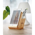 Wireless charging station & bamboo pen holder, iPhone & Android wood colour main ambient view