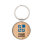 Round keyring made of zinc and bamboo view with print area