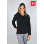 Long-sleeved cotton polo shirt for women, 210 g/m2 black colour still life view