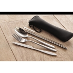 Stainless steel cutlery set in neoprene sleeve black colour ambient view