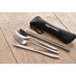 Stainless steel cutlery set in neoprene sleeve black colour main ambient view