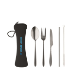 Stainless steel cutlery set in neoprene sleeve view with print area