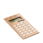 8-digit dual calculator in a sustainable bamboo design wood colour view with print area