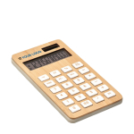 Sustainable solar calculator made of bamboo for corporate events wood colour view with print area