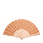 Wooden fan with cork covering as promotional giveaway view with print area