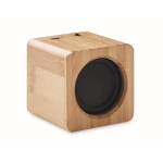 Wireless cube-shaped speaker with bamboo housing wood colour