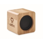 Wireless cube-shaped speaker with bamboo housing wood colour second main view