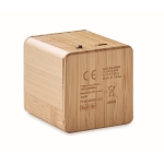 Wireless cube-shaped speaker with bamboo housing wood colour third view