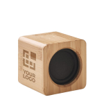 Wireless cube-shaped speaker with bamboo housing view with print area