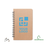 Sustainable lined notebook with pine seeds, A5 view with print area