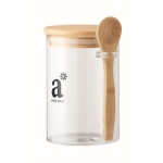 Mason jar with bamboo lid and sugar spoon transparent colour main view