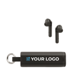 Rechargeable Bluetooth earphones with keyring & phone holder view with print area