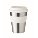 Coffee travel cup, stainless steel, silicone band, 350 ml white colour