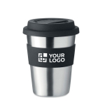 Coffee travel cup, stainless steel, silicone band, 350 ml view with print area