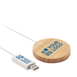 Magnetic wireless phone charger made from natural bamboo wood view with print area