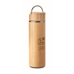 Stainless steel thermos bottle with bamboo finish, 480 ml wood colour view with print area