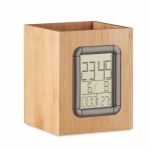 Bamboo pencil holder with time, alarm, calendar and temp' display wood colour